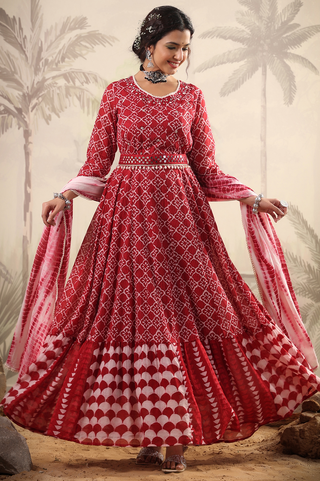 Red Mul Cotton Printed & Embroidered Anarkali Set by Scakhi Luxe at Pernia's Pop Up Shop