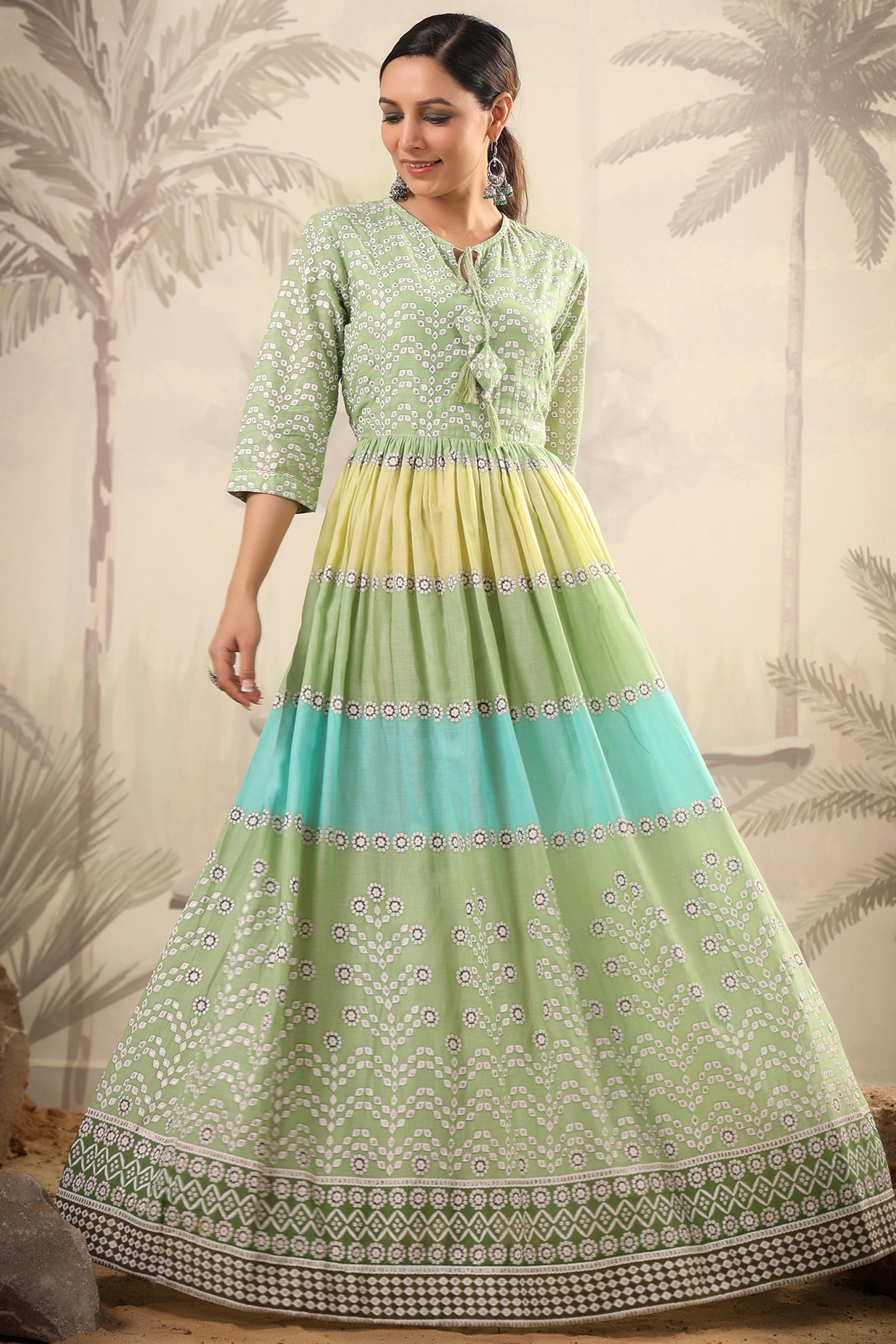 Green Cotton Mulmul Printed Anarkali by Scakhi Luxe at Pernia's Pop Up Shop