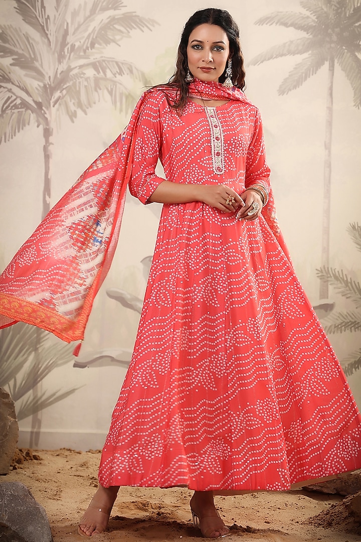 Orange Muslin Silk Printed & Embellished Anarkali Set by Scakhi at Pernia's Pop Up Shop