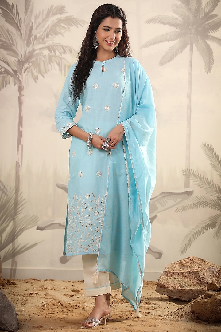 Blue Cotton Yarn Dyed Kurta Set Design by Scakhi at Pernia's Pop Up