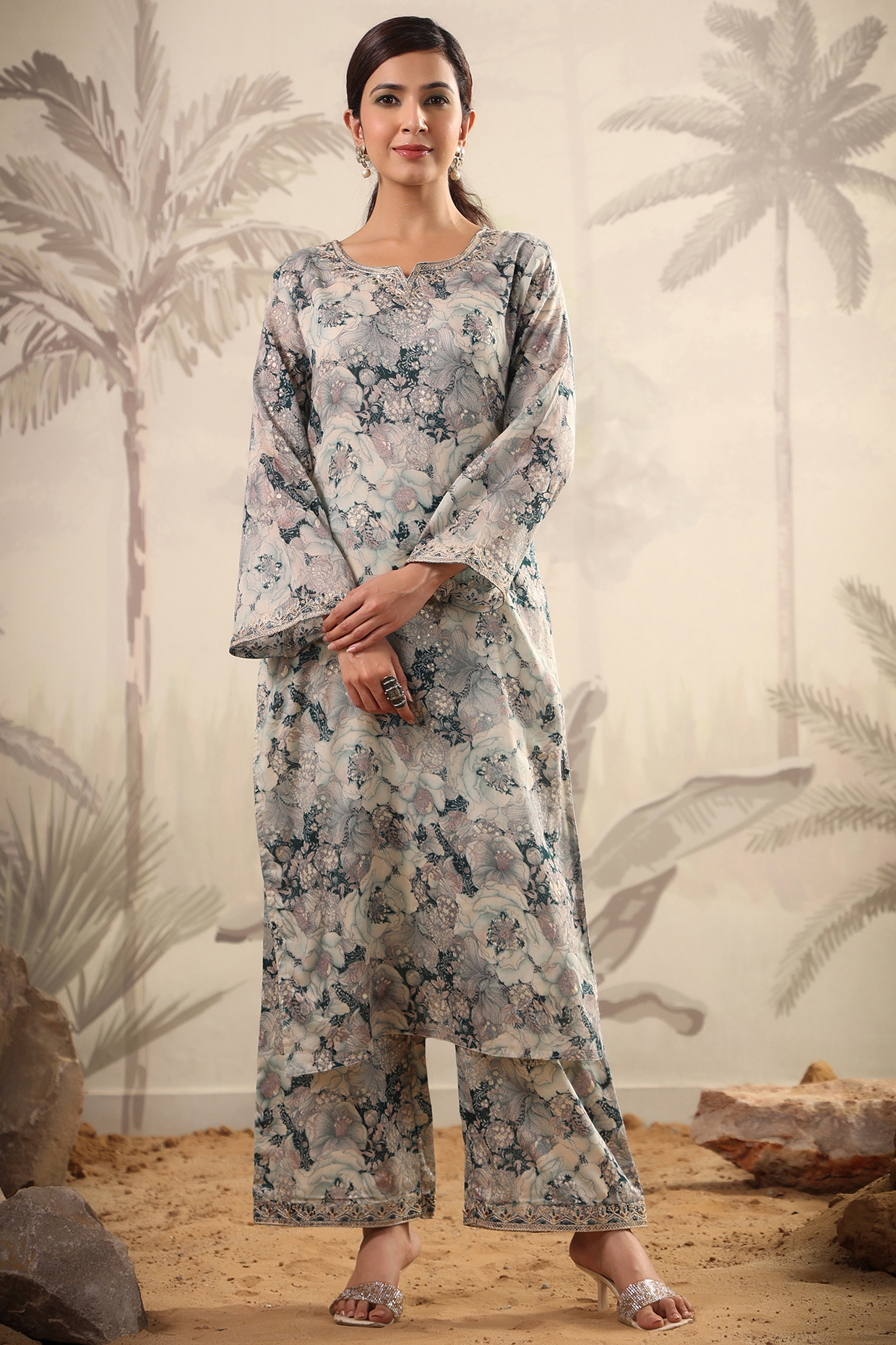 Cream Cotton Mulmul Printed & Embroidered Kurta Set by Scakhi Luxe at Pernia's Pop Up Shop
