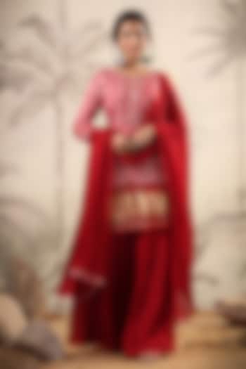 Red Georgette Tiered Party Wear Sharara Set by Scakhi Luxe at Pernia's Pop Up Shop