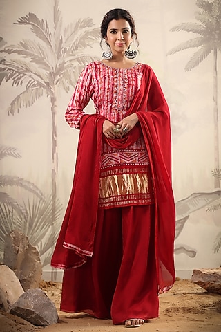 Red Georgette Tiered Sharara Set by Scakhi Luxe