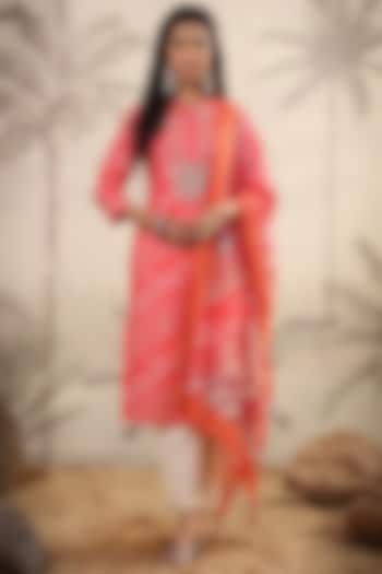 Orange Muslin Silk Printed & Embroidered Kurta Set by Scakhi Luxe at Pernia's Pop Up Shop