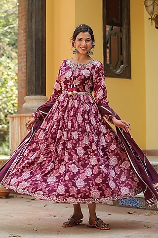Mauve Cotton Mulmul Floral Printed & Embroidered Anarkali Set by Scakhi Luxe