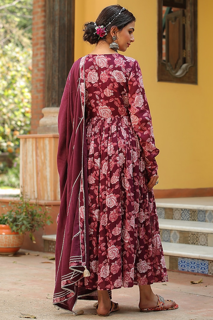 Mauve Cotton Mulmul Floral Printed & Embroidered Anarkali Set by Scakhi Luxe at Pernia's Pop Up Shop
