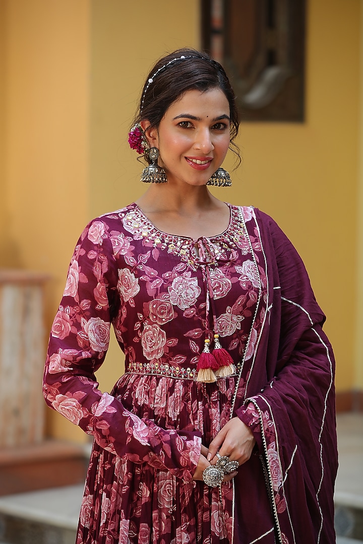 Mauve Cotton Mulmul Floral Printed & Embroidered Anarkali Set by Scakhi Luxe at Pernia's Pop Up Shop