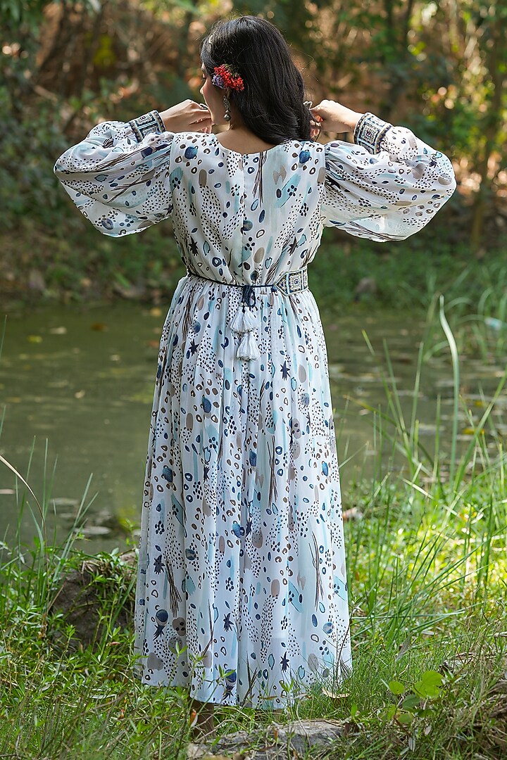White Georgette Printed Summer Dress With Belt by Scakhi Luxe at Pernia's Pop Up Shop