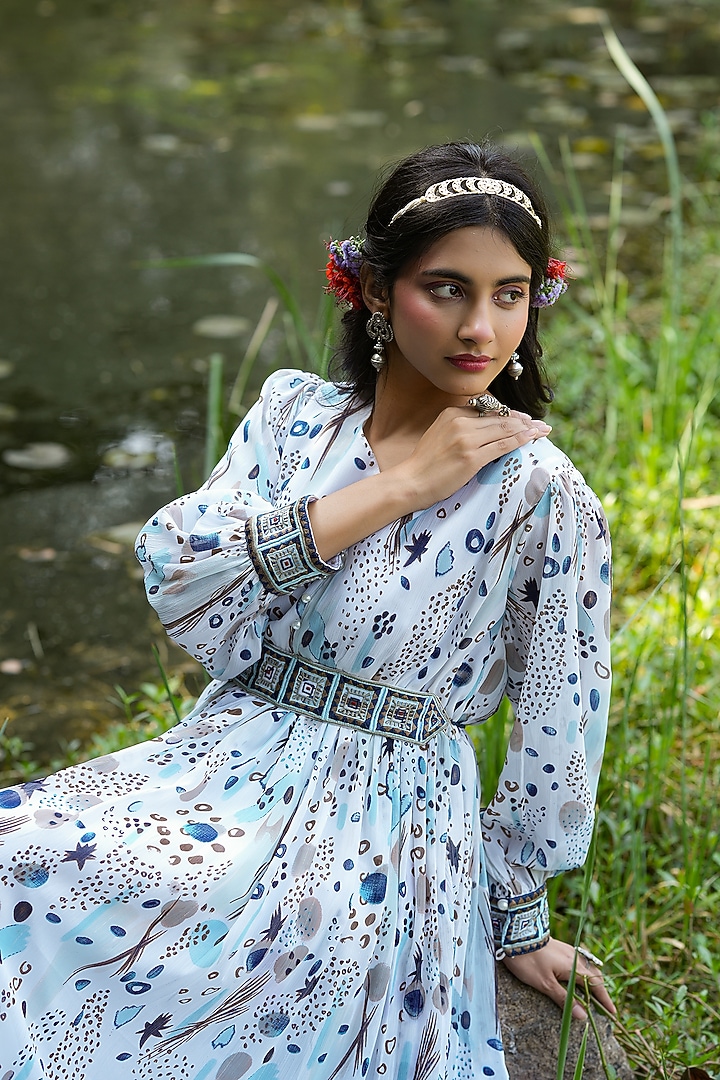 White Georgette Printed Summer Dress With Belt by Scakhi Luxe at Pernia's Pop Up Shop