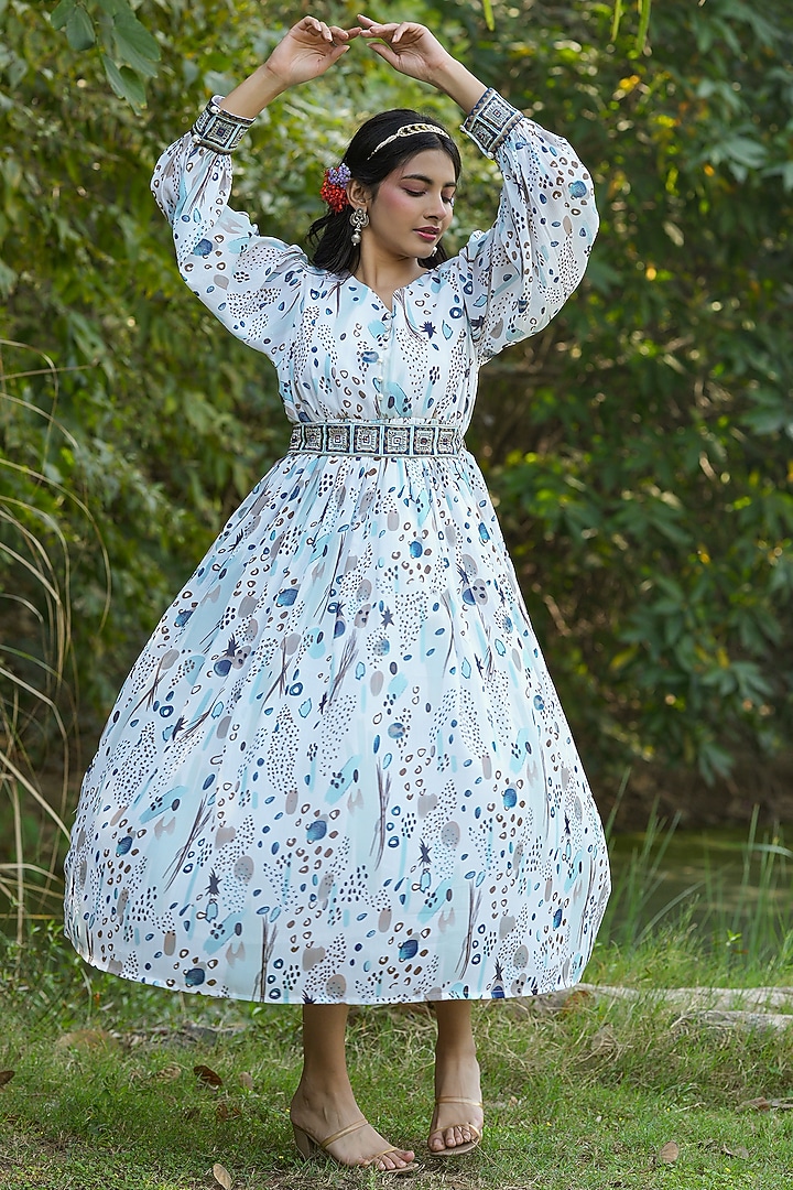White Georgette Printed Summer Dress With Belt by Scakhi Luxe at Pernia's Pop Up Shop