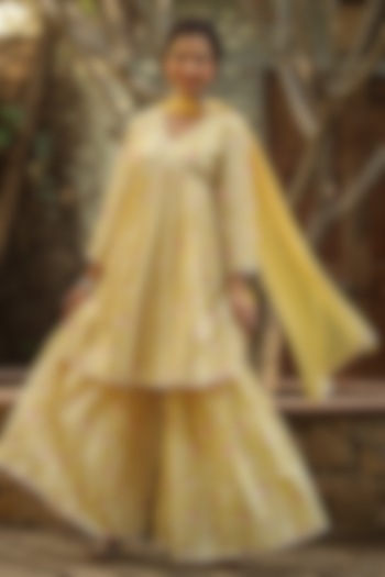 Yellow Cotton Mulmul Printed Sharara Set by Scakhi Luxe at Pernia's Pop Up Shop