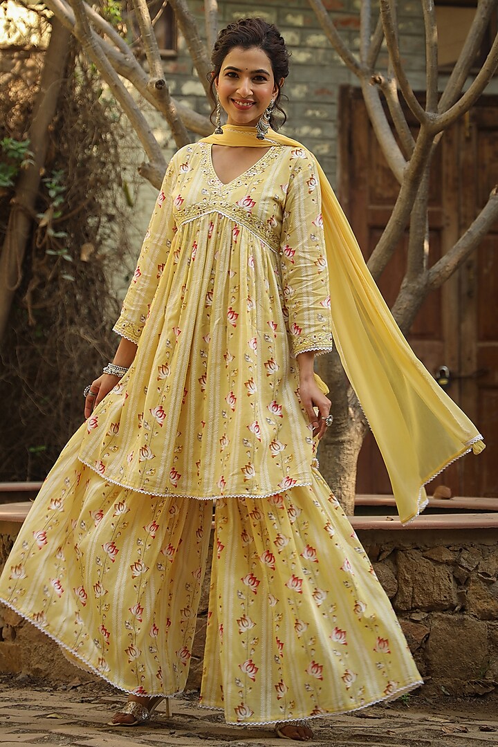 Yellow Cotton Mulmul Printed Sharara Set by Scakhi Luxe at Pernia's Pop Up Shop