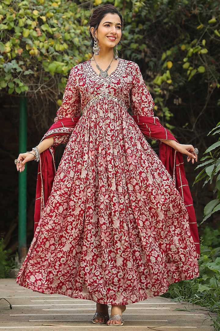 Maroon Cotton Mulmul Printed & Embroidered Anarkali Set by Scakhi at Pernia's Pop Up Shop