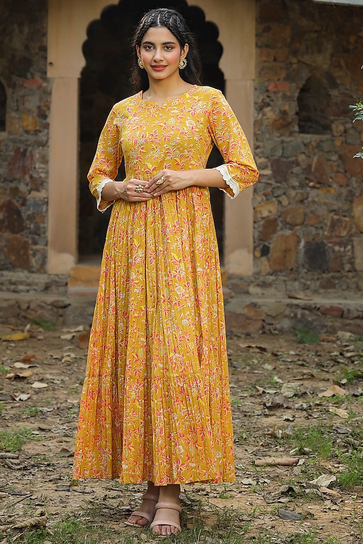 Yellow Cotton Floral Printed Anarkali by Scakhi