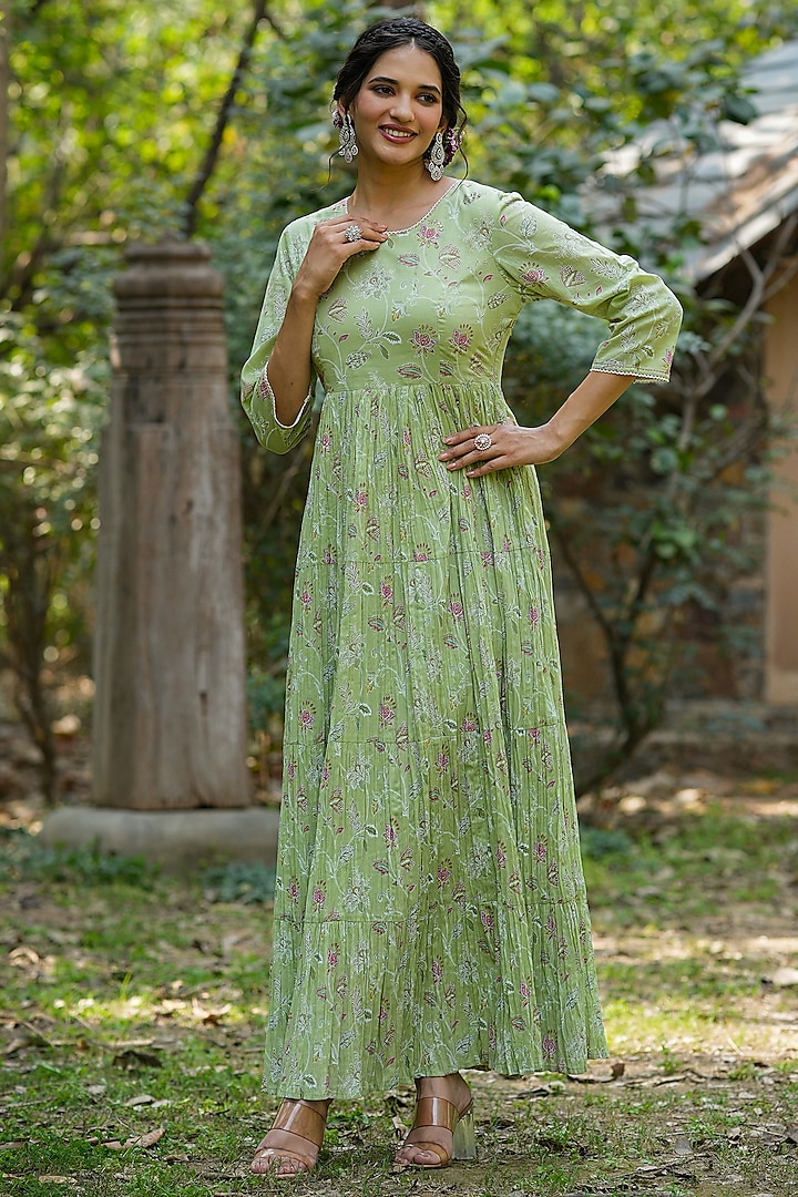 Green Cotton Floral Printed Anarkali by Scakhi