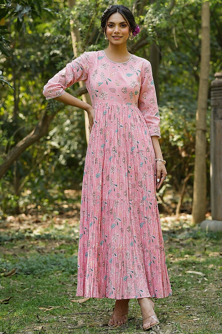Pink Cotton Floral Printed Anarkali by Scakhi