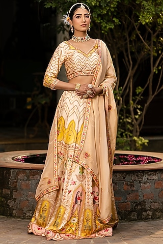 Cream Raw Silk Floral Printed Lehenga Set by Scakhi Luxe