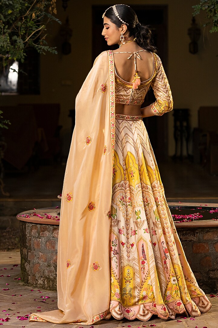 Cream Raw Silk Floral Printed Lehenga Set by Scakhi Luxe at Pernia's Pop Up Shop