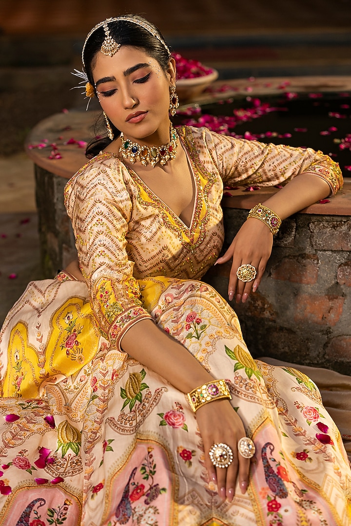 Cream Raw Silk Floral Printed Lehenga Set by Scakhi Luxe at Pernia's Pop Up Shop