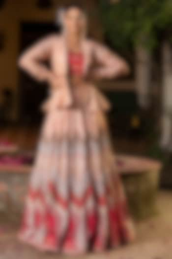 Beige Raw Silk Digital Printed Lehenga Set by Scakhi at Pernia's Pop Up Shop