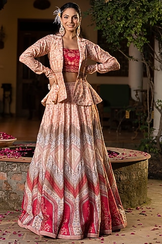 Beige Raw Silk Digital Printed Lehenga Set by Scakhi Luxe