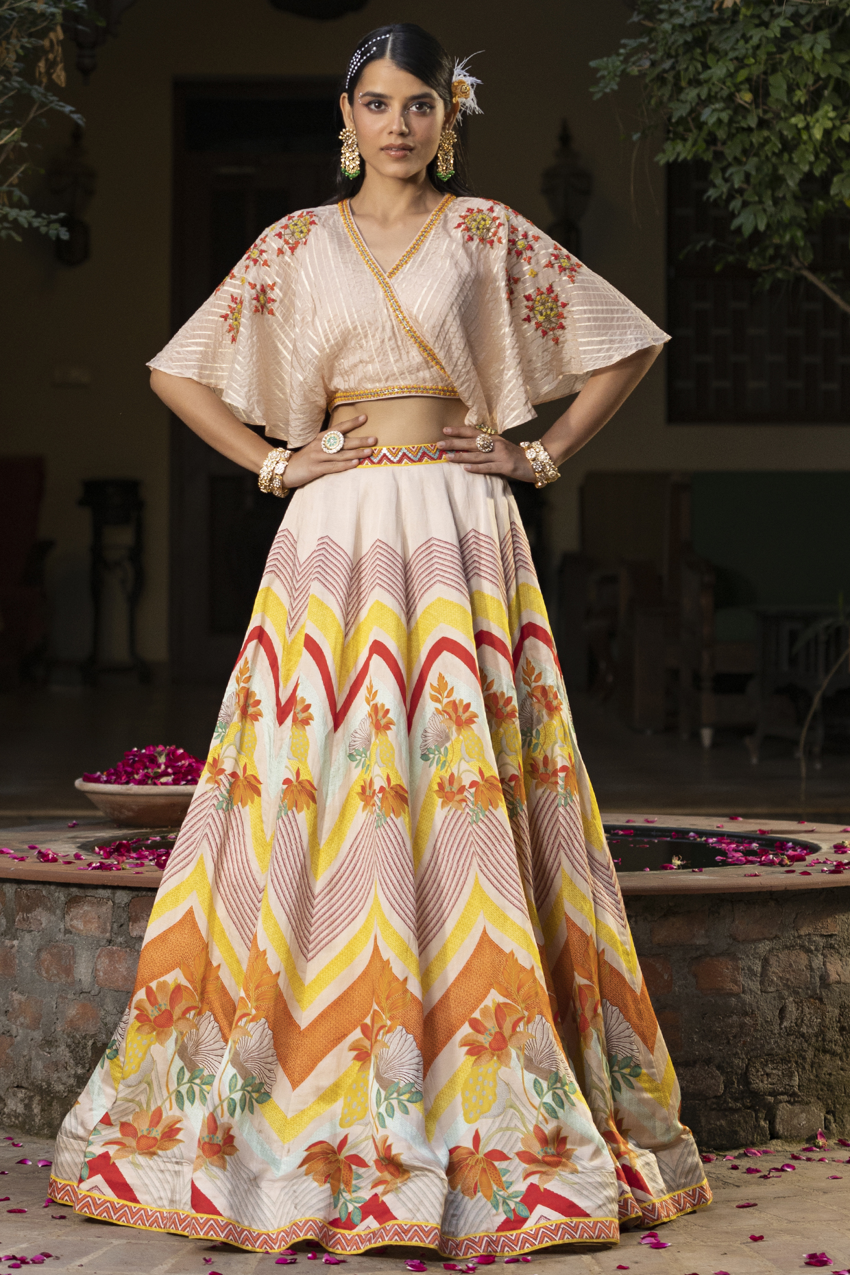 Cream Linen Satin Digital Printed Lehenga Set by Scakhi Luxe at Pernia's Pop Up Shop