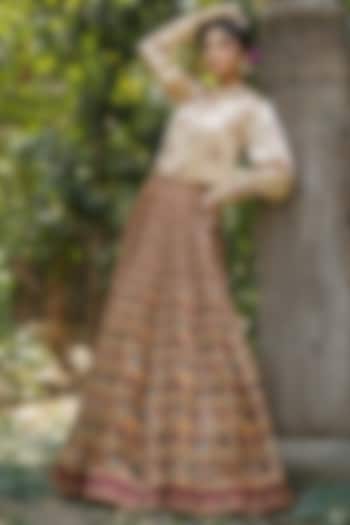 Multi-Colored Linen Satin Ikat Printed Lehenga Set by Scakhi Luxe at Pernia's Pop Up Shop