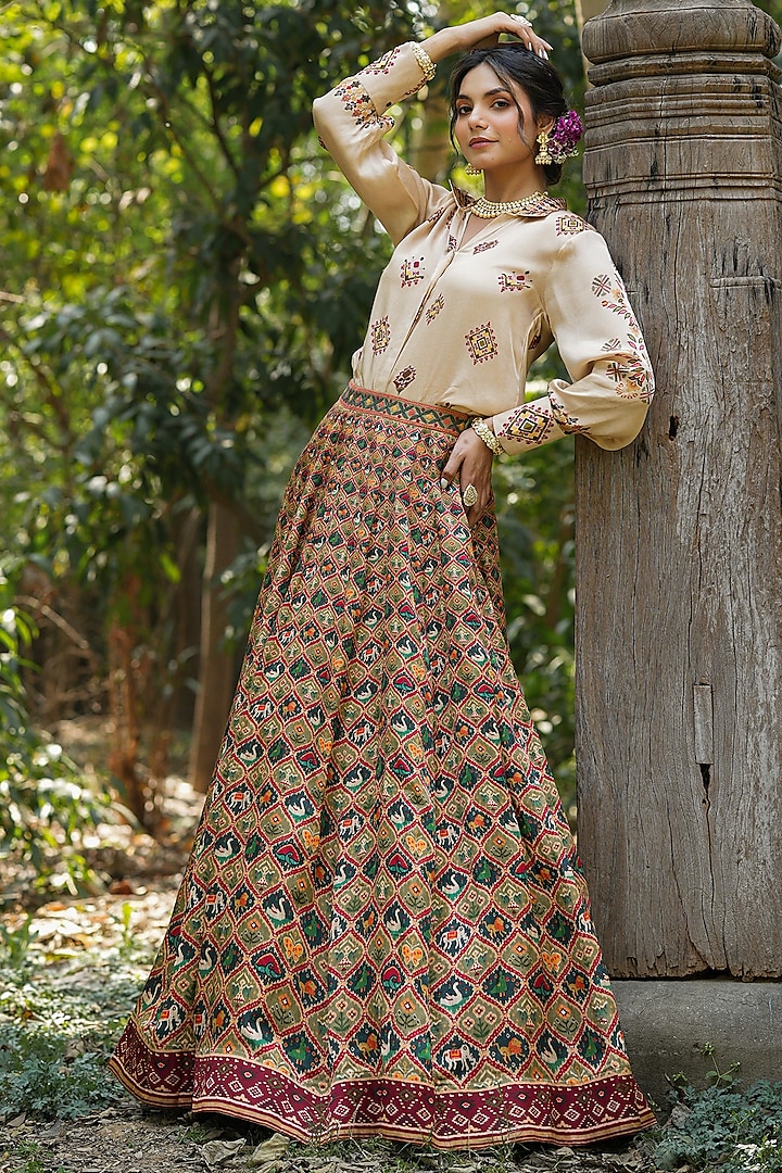 Multi-Colored Linen Satin Ikat Printed Lehenga Set by Scakhi Luxe at Pernia's Pop Up Shop
