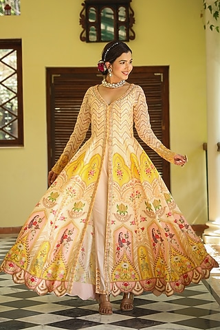 Cream Raw Silk Floral Printed Anarkali Set by Scakhi Luxe