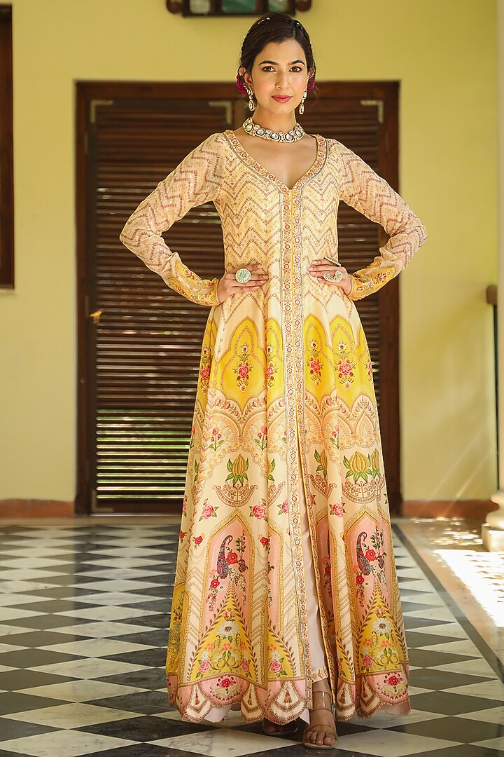 Cream Raw Silk Floral Printed Party Wear Anarkali Set by Scakhi Luxe at Pernia's Pop Up Shop