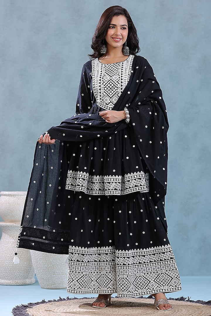 Black Mul Cotton Embroidered Sharara Set by Scakhi
