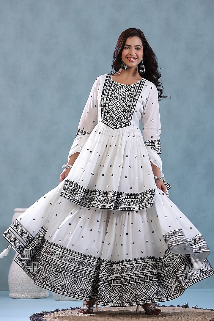White Mul Cotton Embroidered Sharara Set by Scakhi