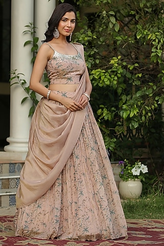 Taupe Chinnon Silk Printed Draped Lehenga Set by Scakhi Luxe