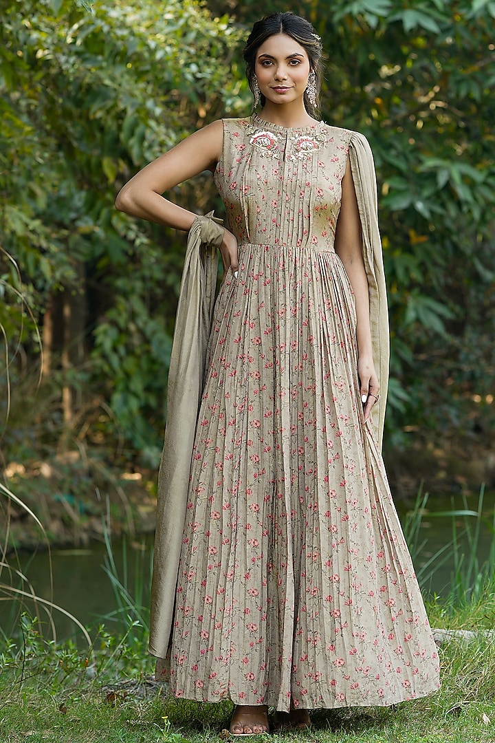 Taupe Chinnon Silk Printed Draped Gown by Scakhi