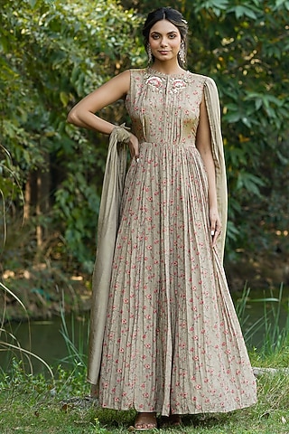 Taupe Chinnon Silk Printed Draped Gown by Scakhi Luxe