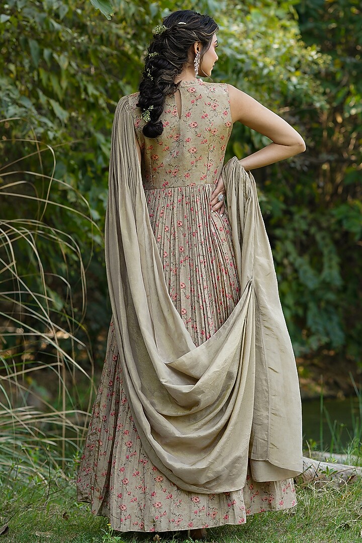 Taupe Chinnon Silk Printed Draped Party Wear Gown by Scakhi Luxe at Pernia's Pop Up Shop