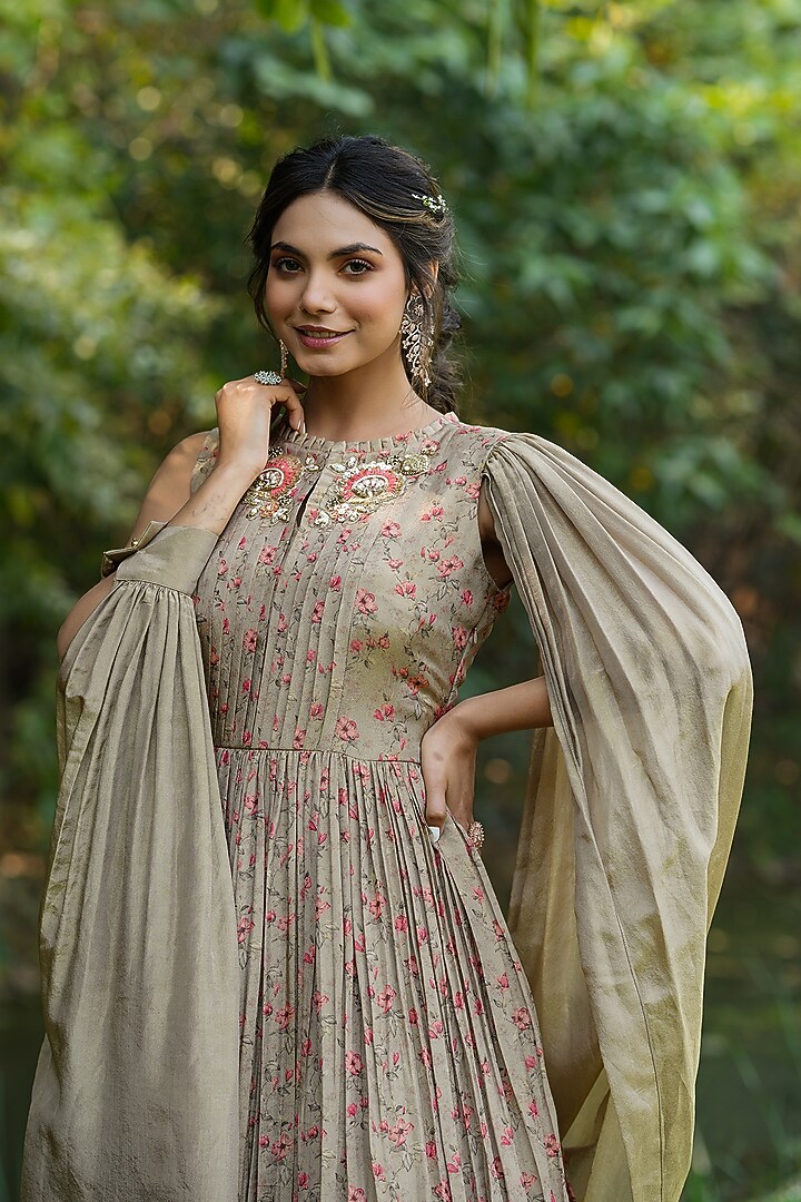 Taupe Chinnon Silk Printed Draped Party Wear Gown by Scakhi Luxe at Pernia's Pop Up Shop