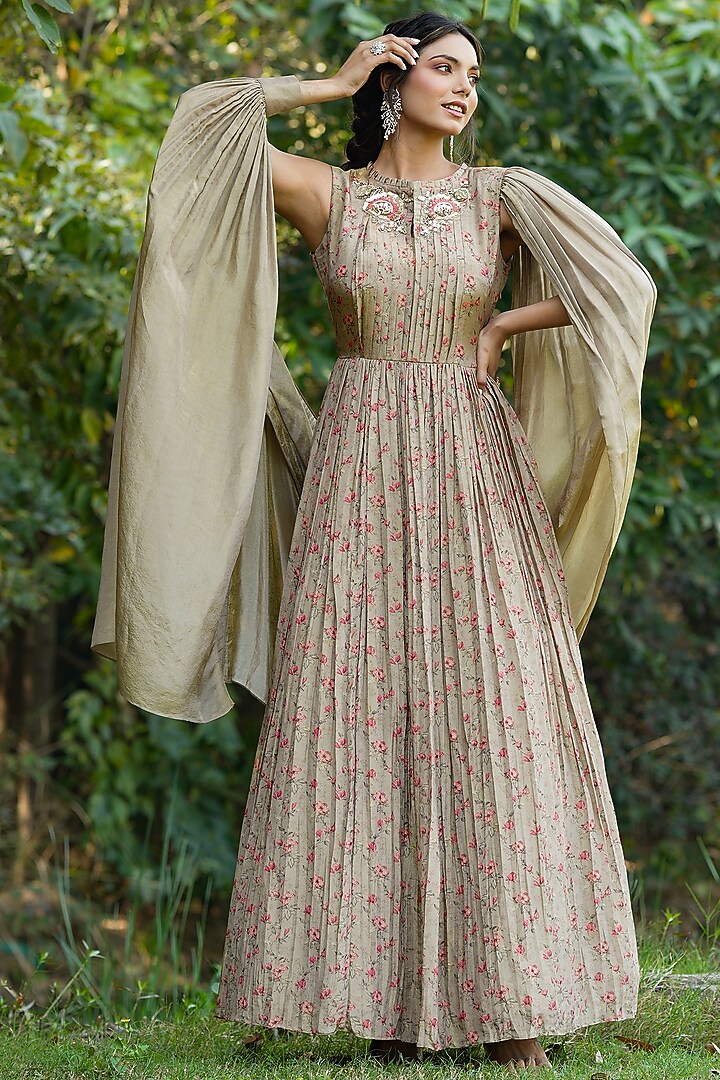 Taupe Chinnon Silk Printed Draped Party Wear Gown by Scakhi Luxe at Pernia's Pop Up Shop