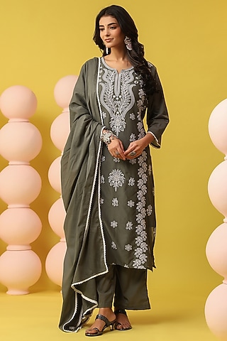 Green Cotton Mulmul Chikankari Embroidered Kurta Set by Scakhi Luxe