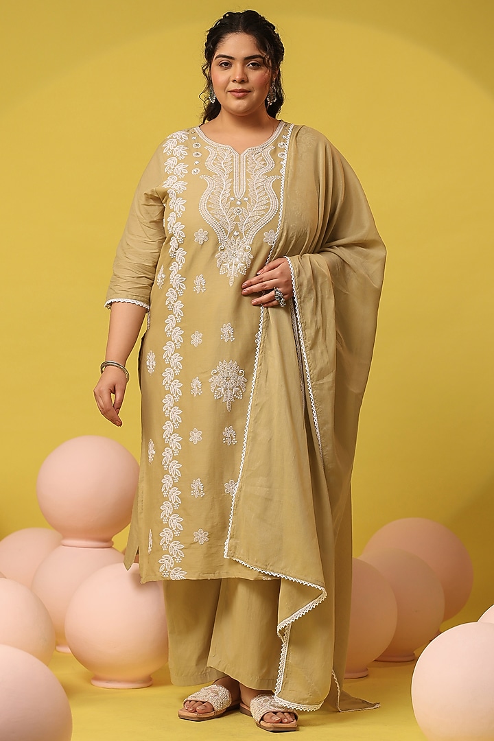 Beige Cotton Mulmul Chikankari Embroidered Kurta Set by Scakhi Luxe at Pernia's Pop Up Shop