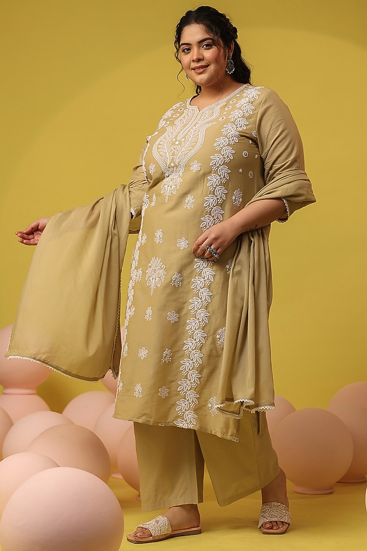 Beige Cotton Mulmul Chikankari Embroidered Kurta Set by Scakhi Luxe at Pernia's Pop Up Shop