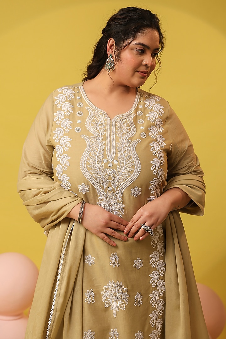 Beige Cotton Mulmul Chikankari Embroidered Kurta Set by Scakhi Luxe at Pernia's Pop Up Shop