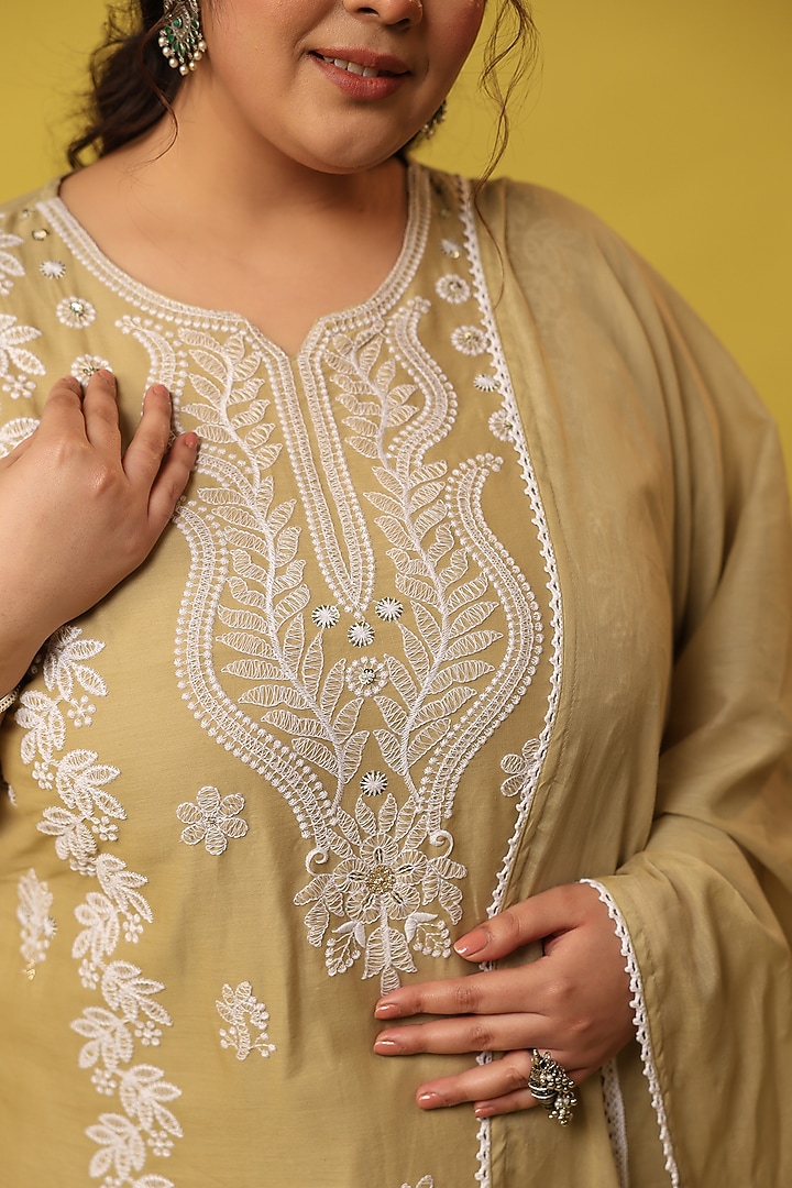 Beige Cotton Mulmul Chikankari Embroidered Kurta Set by Scakhi Luxe at Pernia's Pop Up Shop