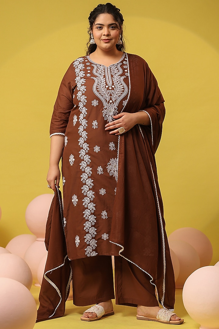 Brown Cotton Mulmul Chikankari Embroidered Kurta Set by Scakhi Luxe at Pernia's Pop Up Shop