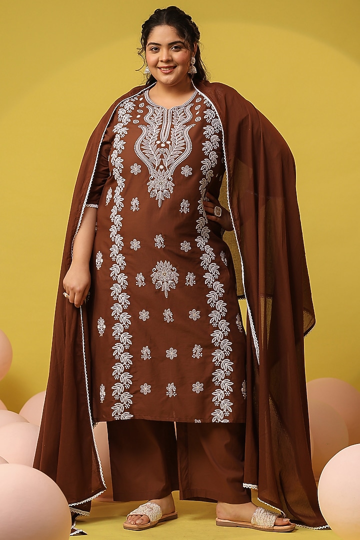 Brown Cotton Mulmul Chikankari Embroidered Kurta Set by Scakhi Luxe at Pernia's Pop Up Shop