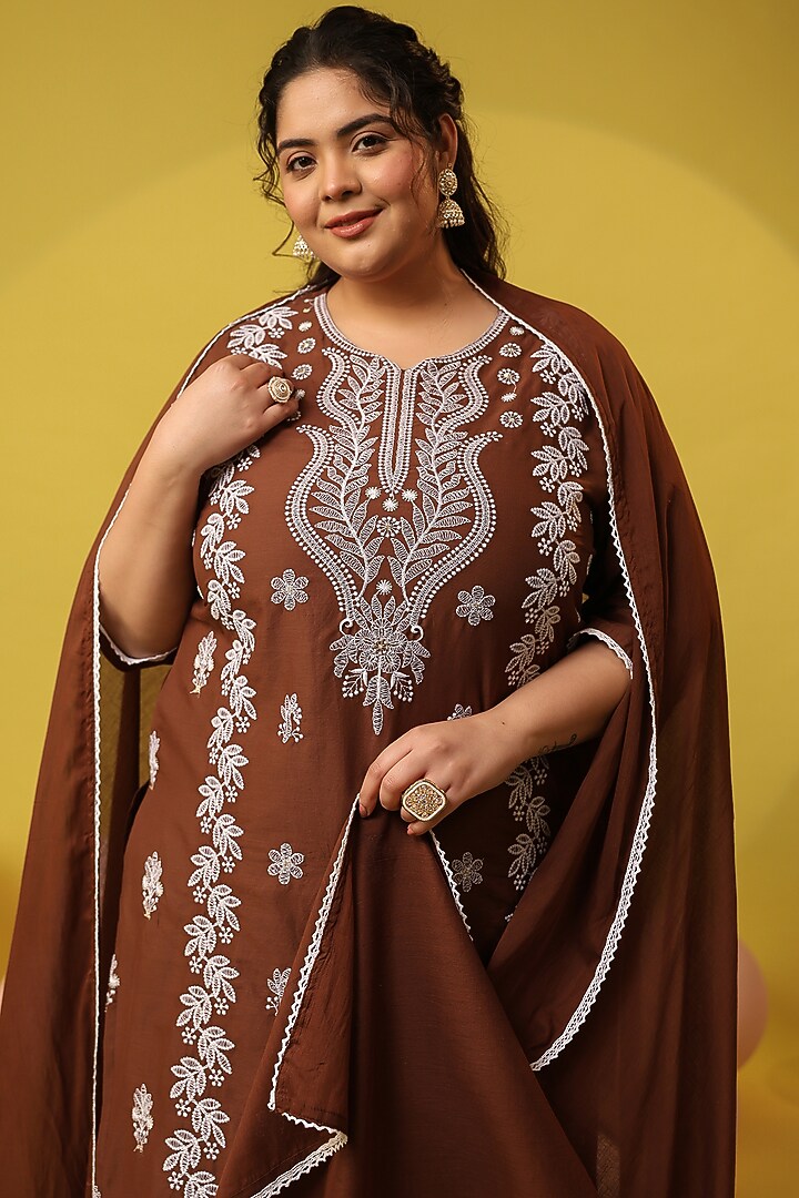 Brown Cotton Mulmul Chikankari Embroidered Kurta Set by Scakhi Luxe at Pernia's Pop Up Shop