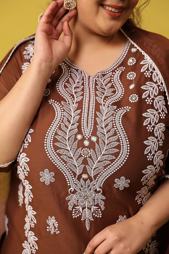 Brown Cotton Mulmul Chikankari Embroidered Kurta Set by Scakhi Luxe at Pernia's Pop Up Shop