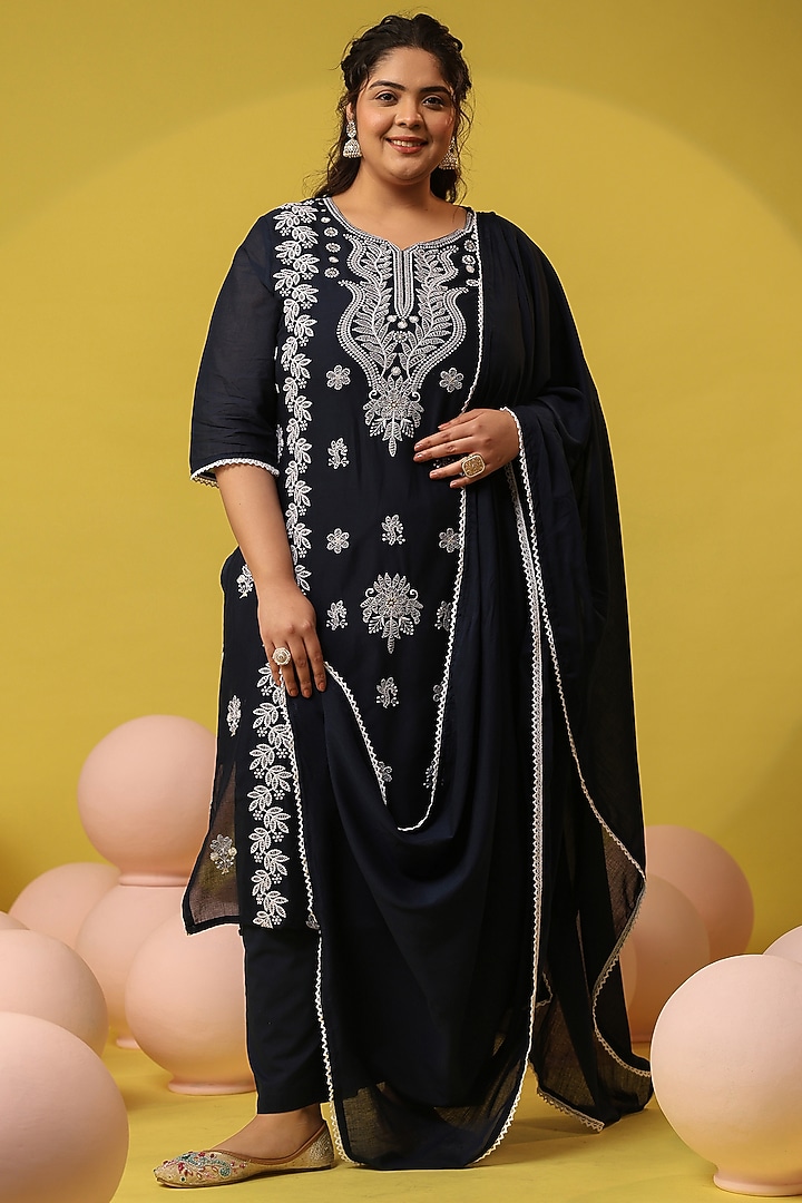 Navy Blue Cotton Mulmul Chikankari Embroidered Kurta Set by Scakhi Luxe at Pernia's Pop Up Shop