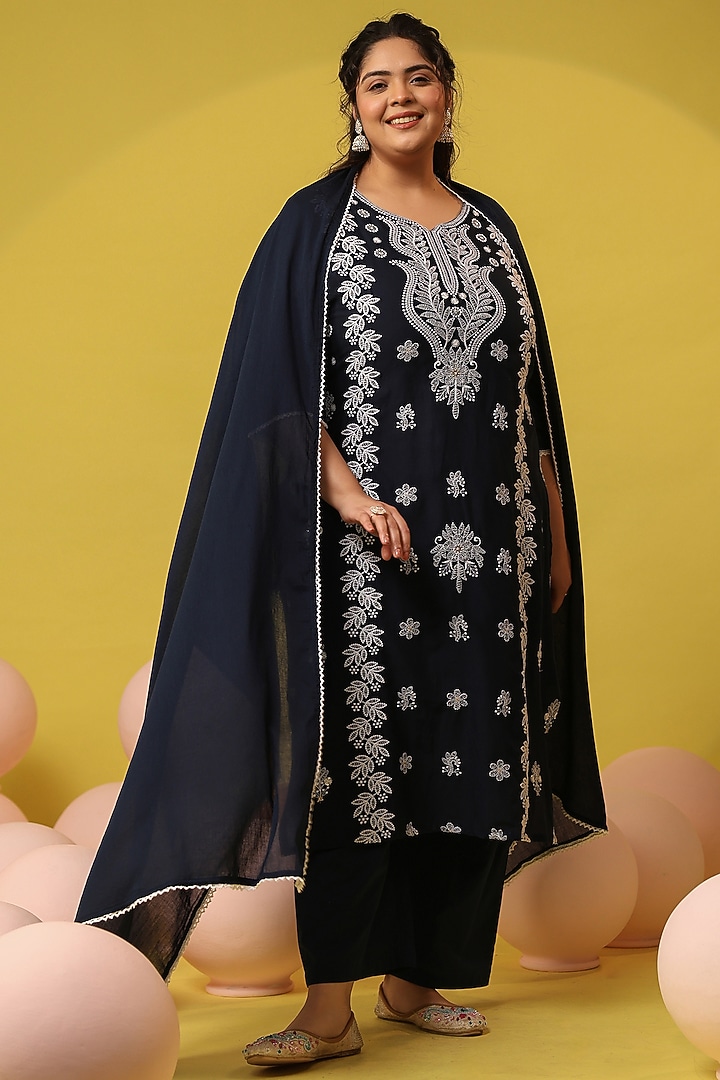 Navy Blue Cotton Mulmul Chikankari Embroidered Kurta Set by Scakhi Luxe at Pernia's Pop Up Shop