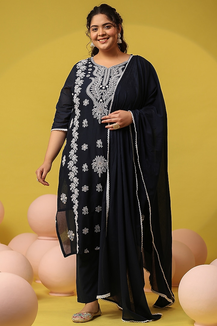 Navy Blue Cotton Mulmul Chikankari Embroidered Kurta Set by Scakhi Luxe at Pernia's Pop Up Shop